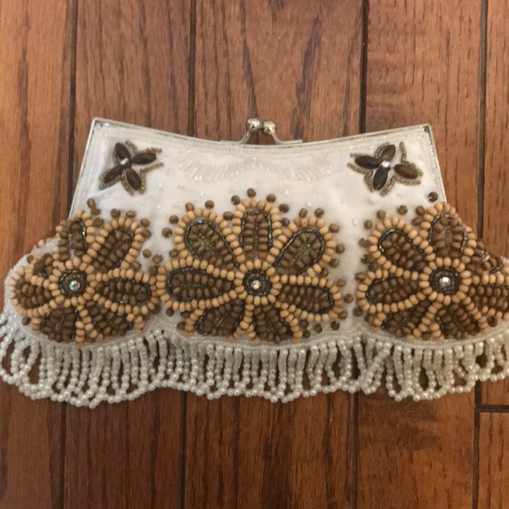 Rustic evening clutch, white wooden bead handbag